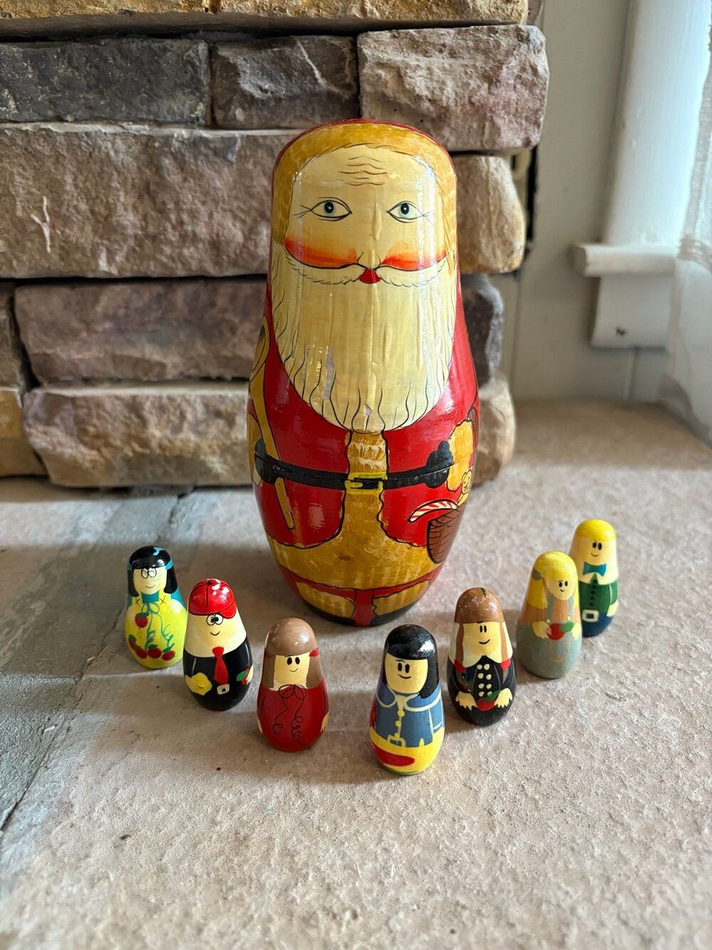 Vintage Russian Wooden Folk Art Hand Painted Nesting Santa with Children